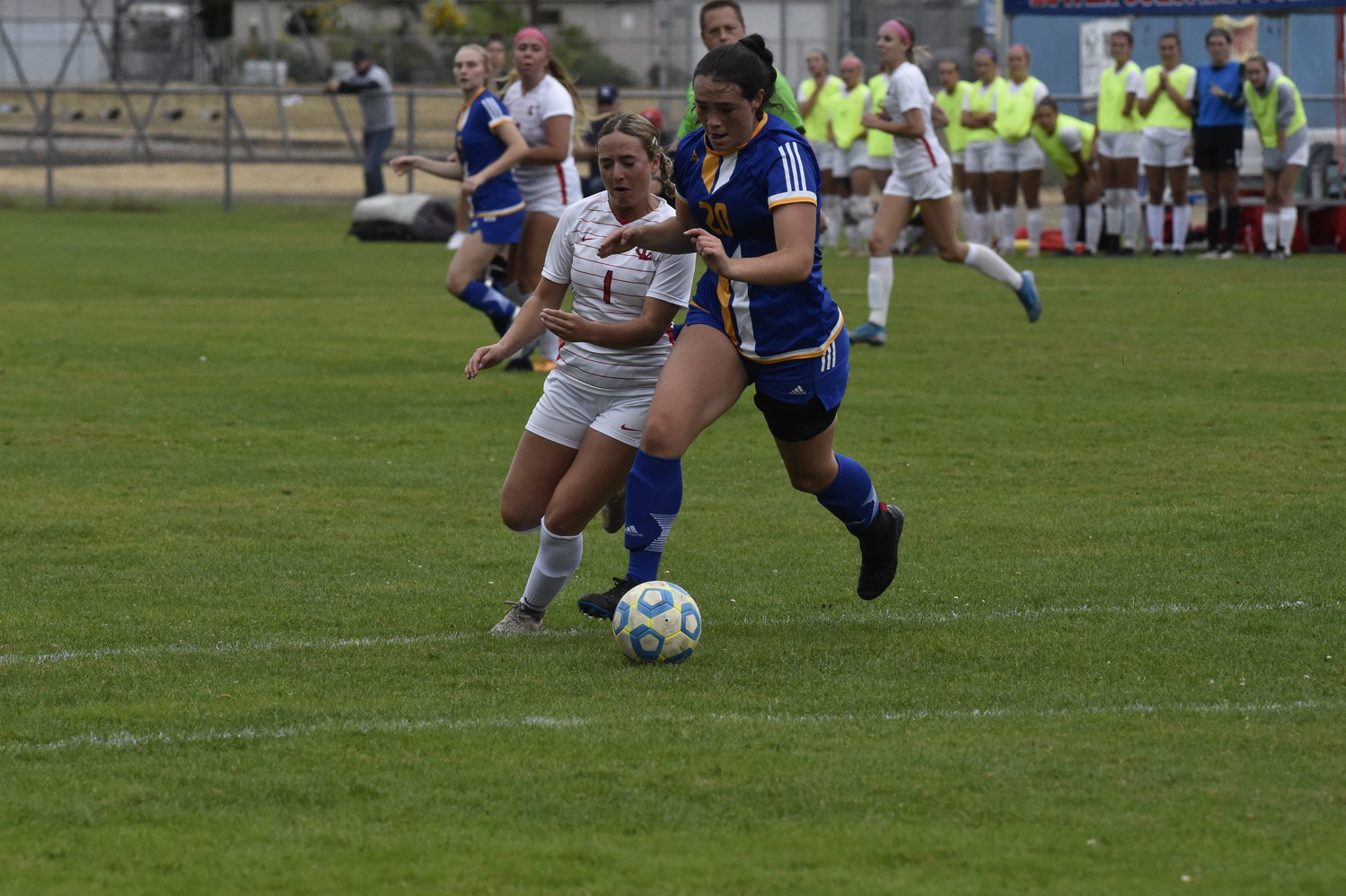 Centralia College wing Bailey Root dribbles upfield against Lower Columbia in Longview Sept. 28.
